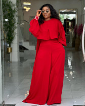 Plus Size Solid Color Lantern Sleeve Tops Two Piece Pants Set NNWF-8153