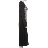 Lace Patchwork Deep V Neck Split Long Dress XEF-K25D87336