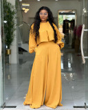 Plus Size Solid Color Lantern Sleeve Tops Two Piece Pants Set NNWF-8153