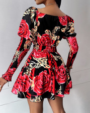 Print Long Sleeve V Neck Mini Dress GJMF-97778