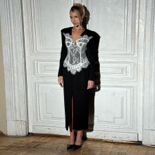 Lace Patchwork Deep V Neck Split Long Dress XEF-K25D87336