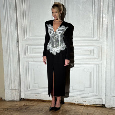 Lace Patchwork Deep V Neck Split Long Dress XEF-K25D87336