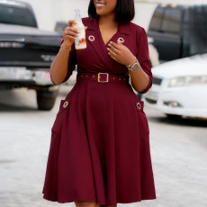 Plus Size Solid Color Long Sleeve Midi Dress GCZF-8647