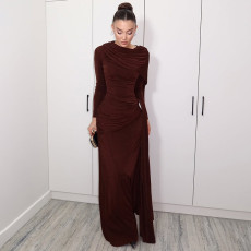 Solid Color Long Sleeve Ruched Maxi Dress XEF-K25D85711