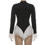 Deep V Neck Long Sleeve Lace Patchwork Romper XEF-K25K86130