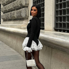 Deep V Neck Long Sleeve Lace Patchwork Romper XEF-K25K86130