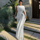 Solid Color Ribbon Ruched Long Dress XEF-K25D87615