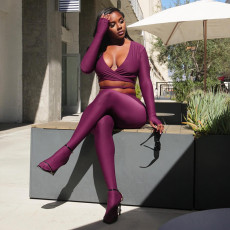 Long Sleeve Cross Tie Up Two Piece Pants Set MXBF-J25ST364