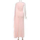 Solid Color Ribbon Ruched Long Dress XEF-K25D87615