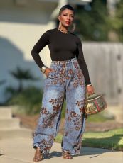Plus Size Retro Flocked Floral Print Jeans GYLN-8430