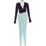 Deep V Neck Patchwork Spit Maxi Dress XEF-K25D87983