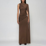 Solid Color Ribbon Ruched Long Dress XEF-K25D87615