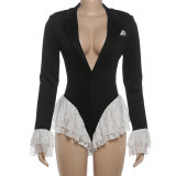 Deep V Neck Long Sleeve Lace Patchwork Romper XEF-K25K86130