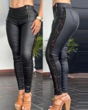 Lace Patchwork PU Leather Pants GJMF-97731
