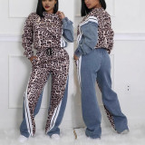Leopard Print Color Block Loose Two Piece Pants Set GJMF-97800