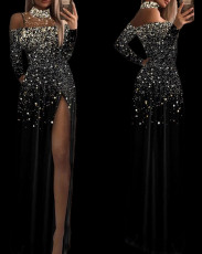 Mesh Patchwork Print Long Sleeve Split Maxi Dress GJMF-97759