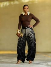 Washed Rhinestone Wide Leg Jeans GYLN-8406