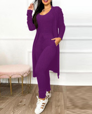 Plus Size Long Sleeve Solid Color Long Coat+Jumpsuit 2 Piece Set GJMF-97763
