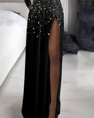 Mesh Patchwork Print Long Sleeve Split Maxi Dress GJMF-97759