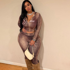 Letter Print Print Zipper Tight Two Piece Pants Set XEF-K25S86708