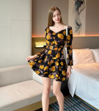Long Sleeve V Neck Print Ruffles Mini Dress GJMF-97809