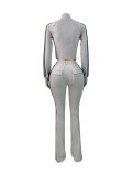 Stripe Patchwork Zipper Two Piece Pants Set CH-25067