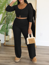 Solid Color Long Sleeve Tops Pants 2 Piece Set ZDF-31385