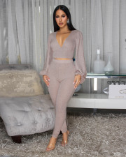 V Neck Backless Lantern Sleeve Tops Tight Pants Suit FENF-6055