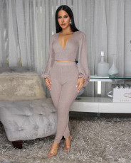 V Neck Backless Lantern Sleeve Tops Tight Pants Suit FENF-6055