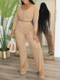 Solid Color Long Sleeve Tops Pants 2 Piece Set ZDF-31385