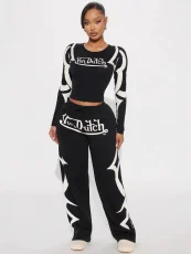 Letter Print Long Sleeve Print Two Piece Pants Set GFCF-1427
