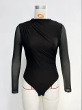 Mesh See Through Patchwork Long Sleeve Bodysuit GZJF-12031