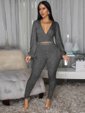 V Neck Backless Lantern Sleeve Tops Tight Pants Suit FENF-6055