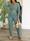 Solid Color Long Sleeve Tops Pants 2 Piece Set ZDF-31385