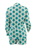 Loose Print Long Sleeve Shirt Two Piece Shorts Set ZDF-31361