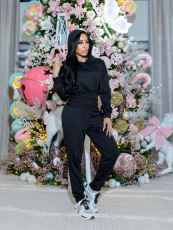 Solid Color Hooded Sweatshirt Sport Two Piece Pants Set CM-9543