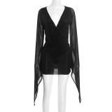 Long Sleeve V Neck Mesh Bodysuit+Skirt 2 Piece Set GDSF-J25ST422