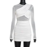 Mesh Patchwork Pleated Long Sleeve Mini Dress GDSF-D25DS524
