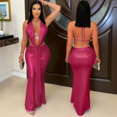 Deep V Neck Halterneck Sexy Two Piece Skirt Set GZIY-6355