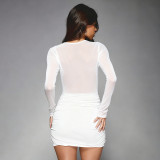 Mesh Patchwork Pleated Long Sleeve Mini Dress GDSF-D25DS524