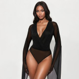 Long Sleeve V Neck Mesh Bodysuit+Skirt 2 Piece Set GDSF-J25ST422
