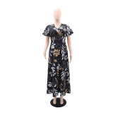 Print Ruffles Sleeve V Neck Midi Dress GYLY-10913