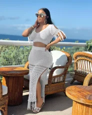 Solid Color Tassel Tops Split Hollow Out Skirt 2 Piece Set AL-1086