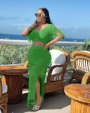 Solid Color Tassel Tops Split Hollow Out Skirt 2 Piece Set AL-1086