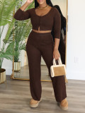 Solid Color Long Sleeve Tops Pants 2 Piece Set ZDF-31385