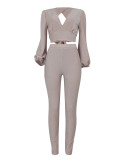 V Neck Backless Lantern Sleeve Tops Tight Pants Suit FENF-6055