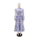 Print Long Sleeve Tie Up Maxi Dress GYLY-10902