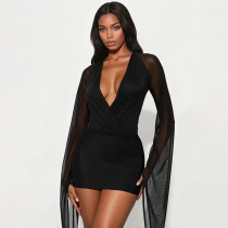Long Sleeve V Neck Mesh Bodysuit+Skirt 2 Piece Set GDSF-J25ST422