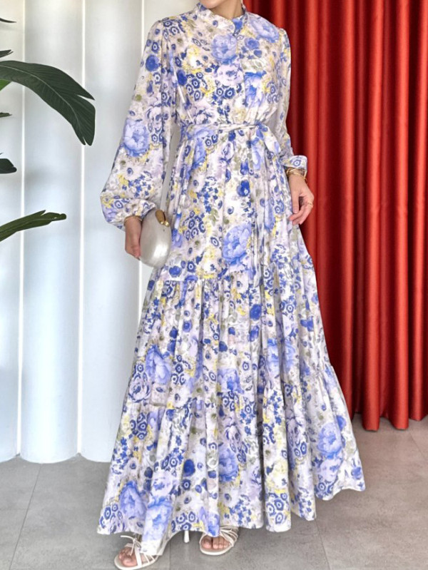 Print Long Sleeve Tie Up Maxi Dress GYLY-10902