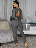 V Neck Backless Lantern Sleeve Tops Tight Pants Suit FENF-6055